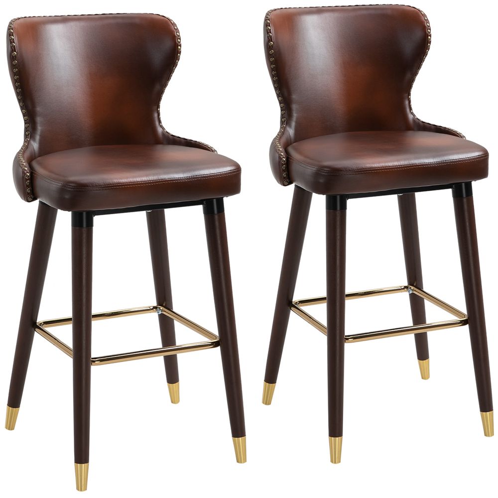 Set of 2 Luxury Bar Stool, Faux Brown Leather