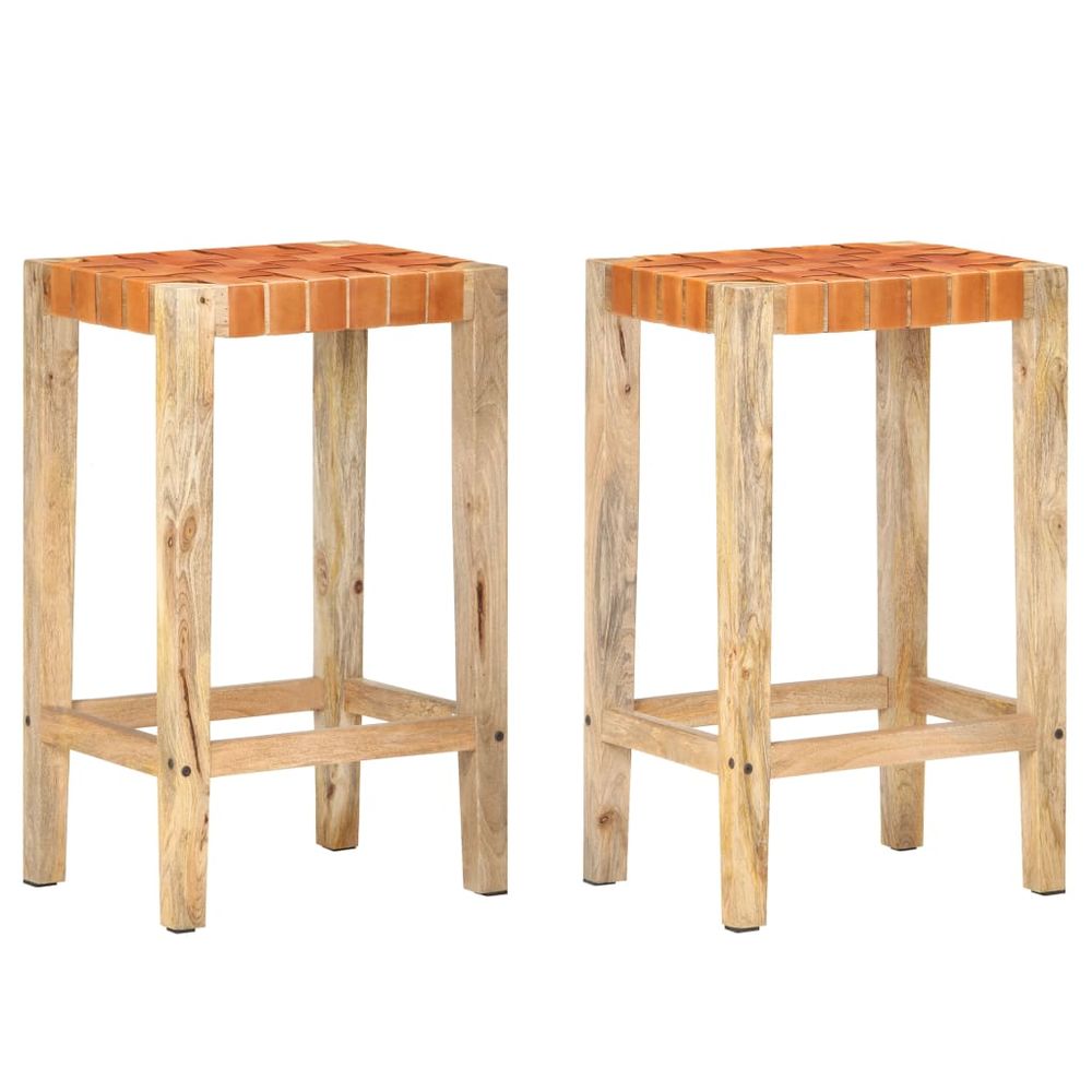 Set of 2 leather and mango wood bar stools (2 colour/size options)