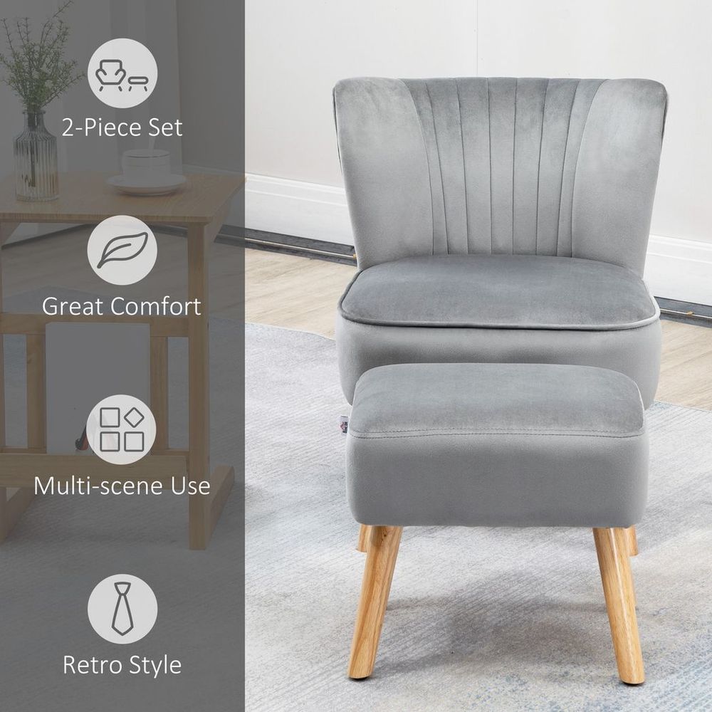 Velvet-Feel Accent Chair with foot stool - Grey