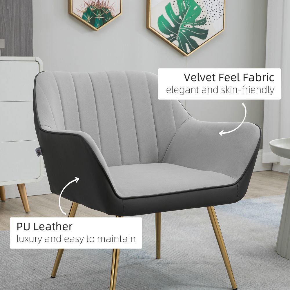 Velvet and Faux Leather Armchair - Light Grey