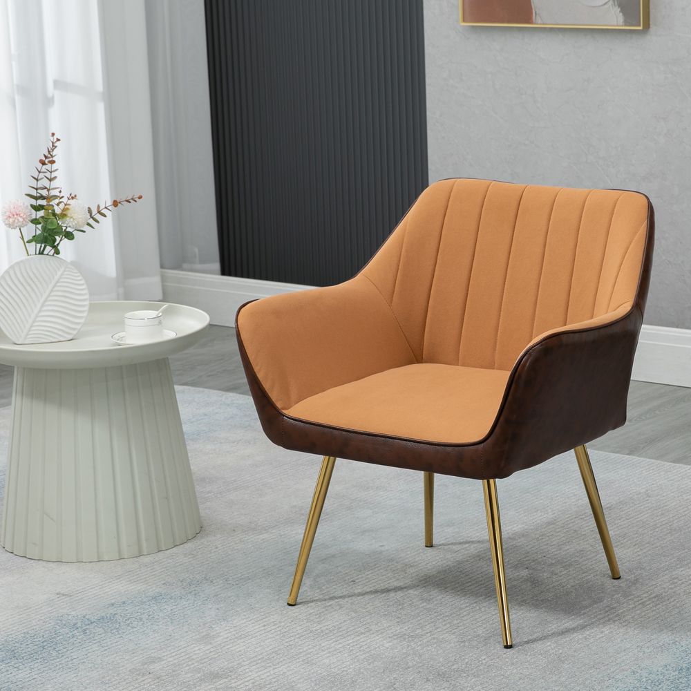 Velvet and Faux Leather Armchair - Light Brown