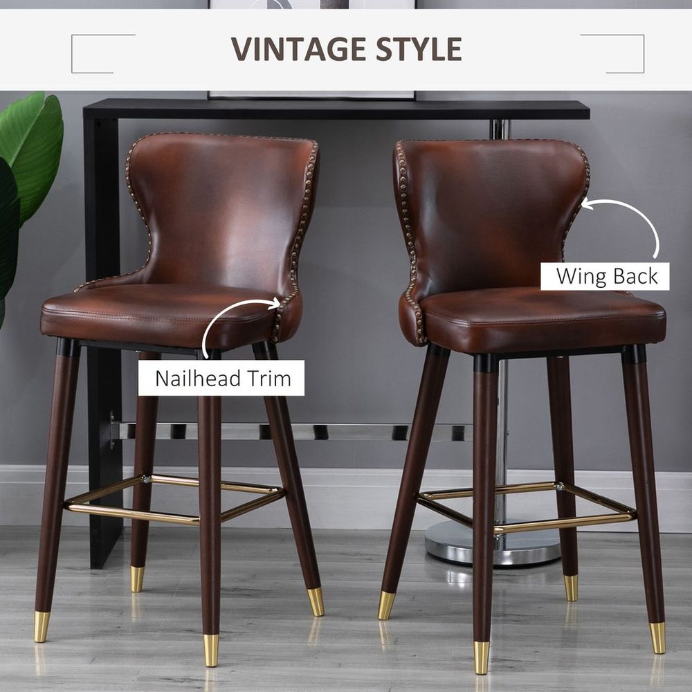 Set of 2 Luxury Bar Stool, Faux Brown Leather