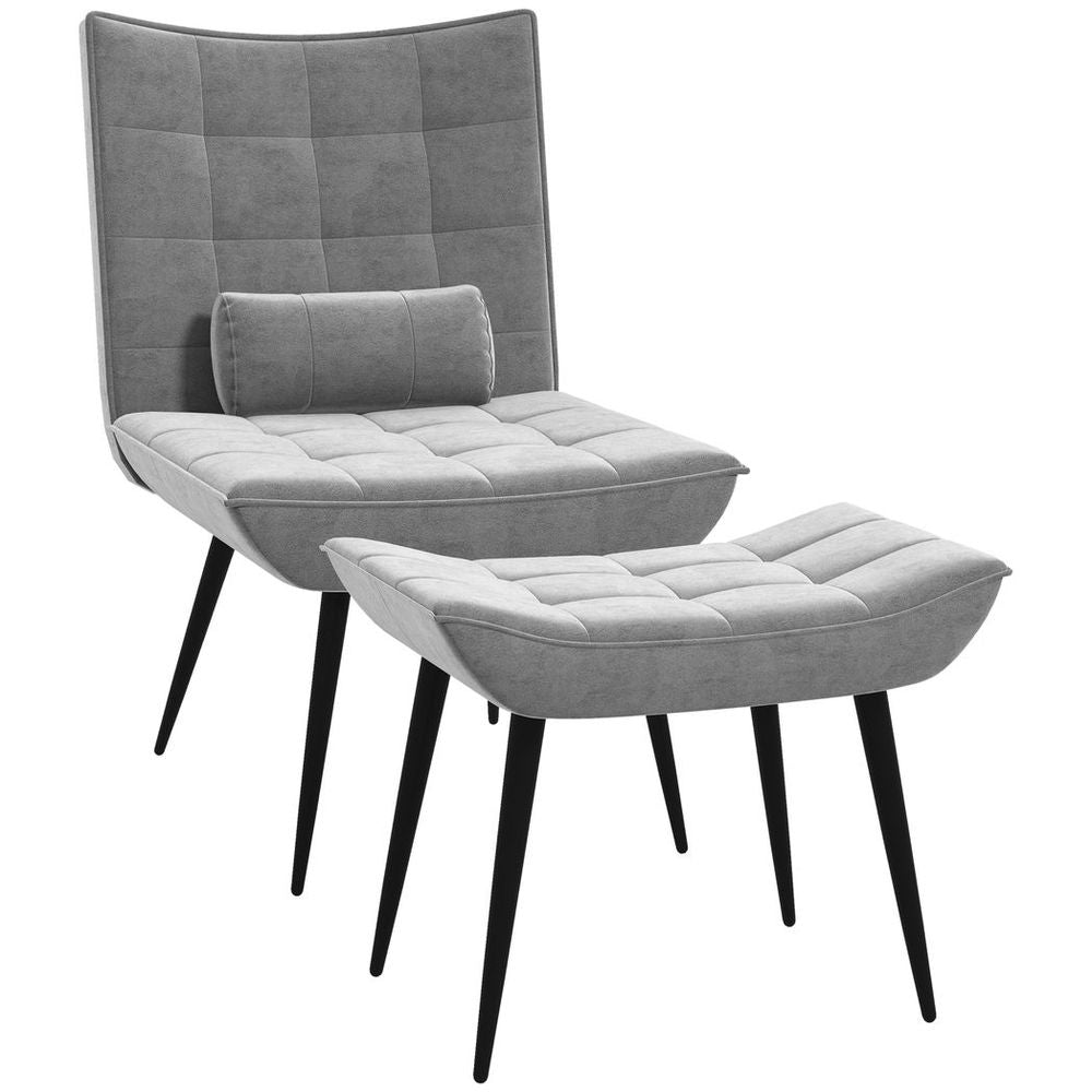 Velvet-feel Accent Chair with Footstool Set - Grey