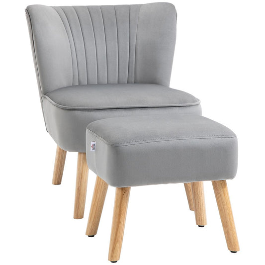 Velvet-Feel Accent Chair with foot stool - Grey