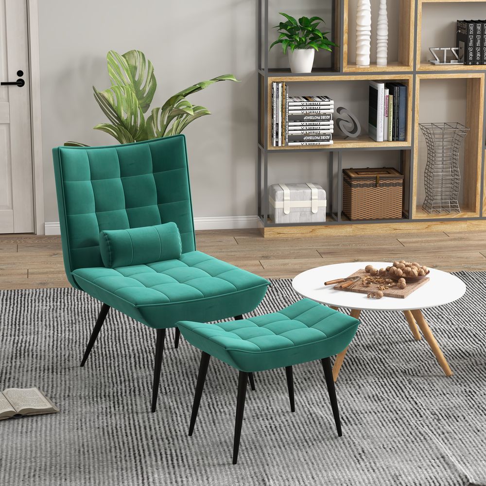 Velvet-feel Accent Chair with Footstool - Green