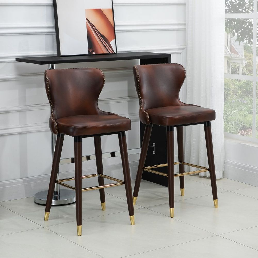 Set of 2 Luxury Bar Stool, Faux Brown Leather