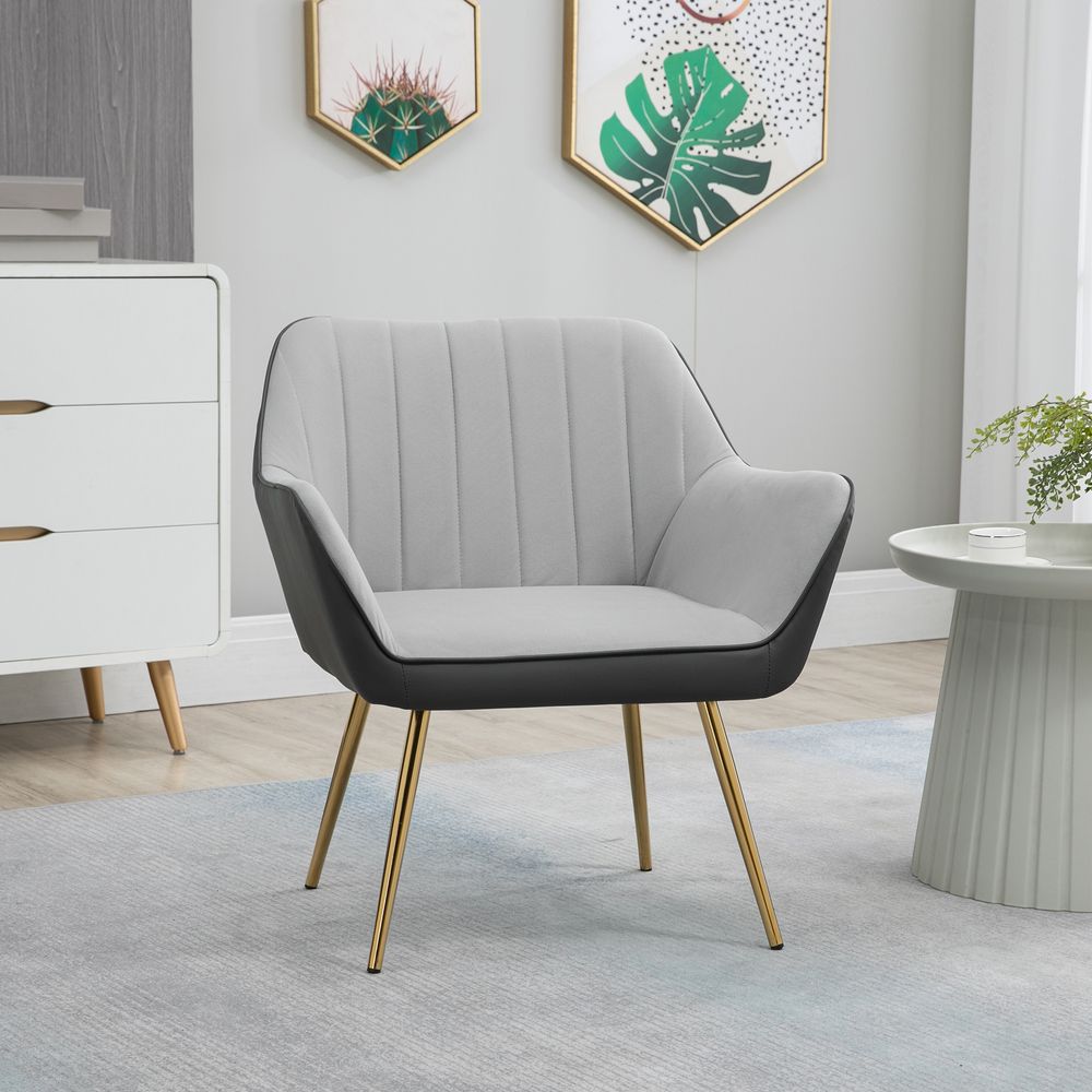 Velvet and Faux Leather Armchair - Light Grey