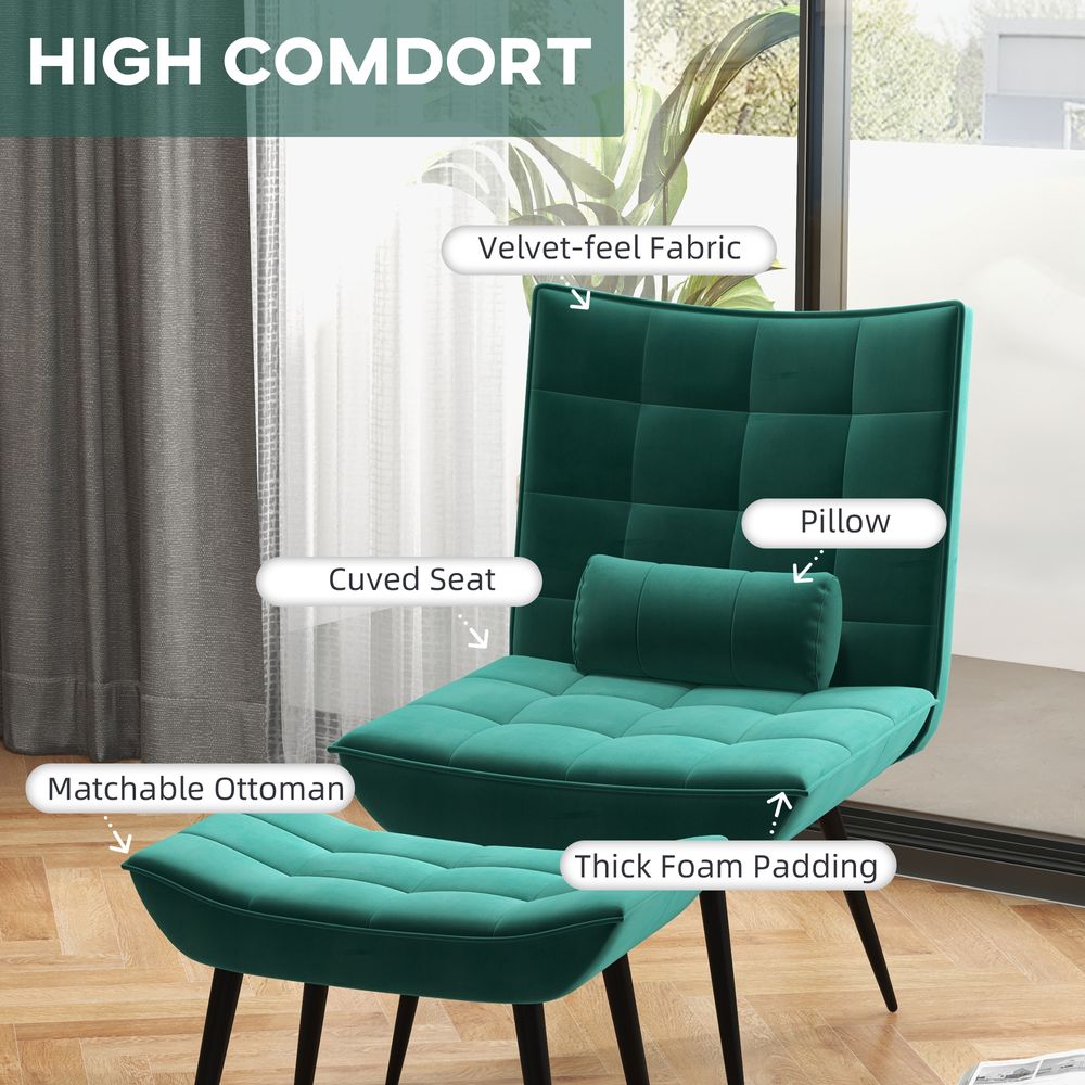 Velvet-feel Accent Chair with Footstool - Green