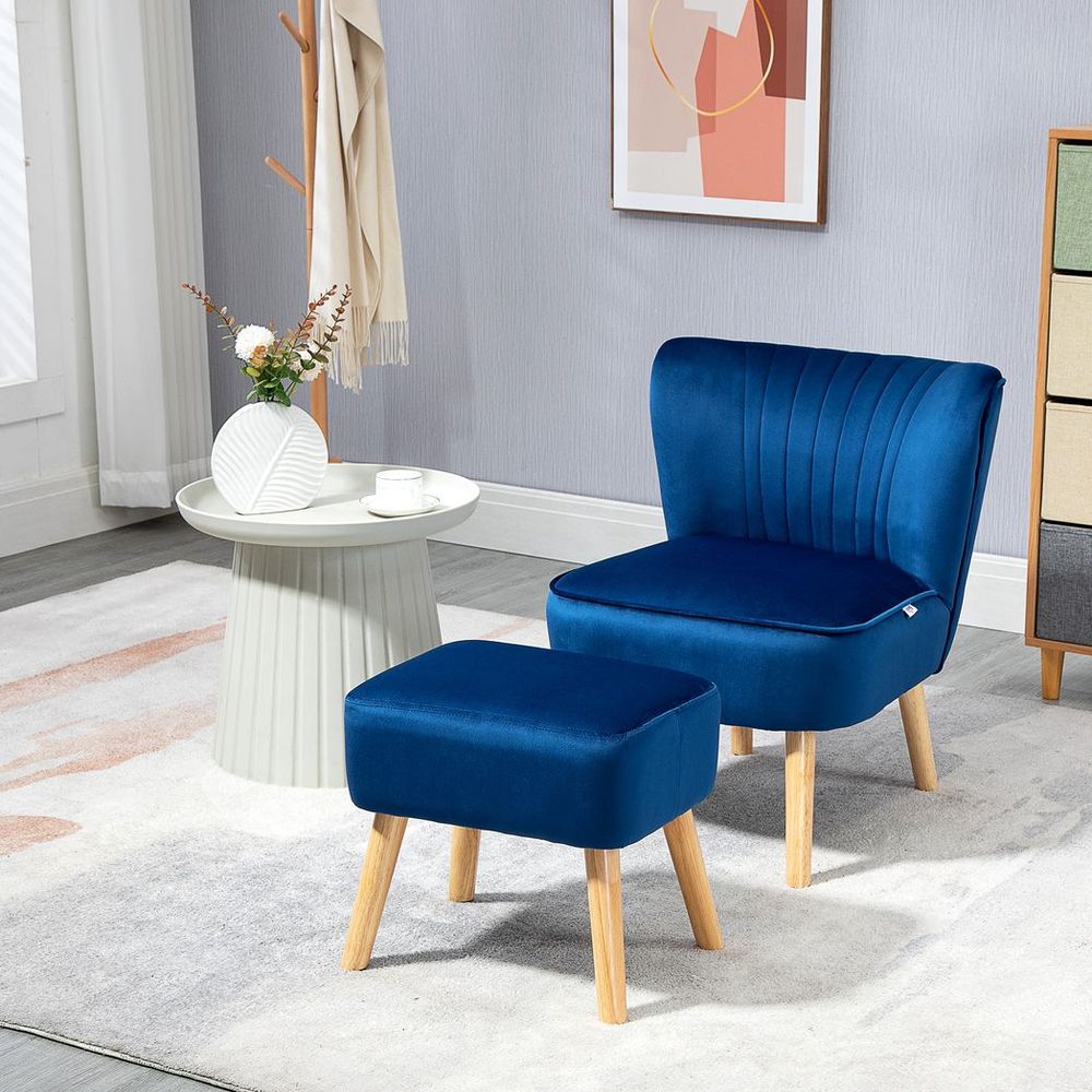 Velvet-Feel Accent Chair with foot stool - Blue