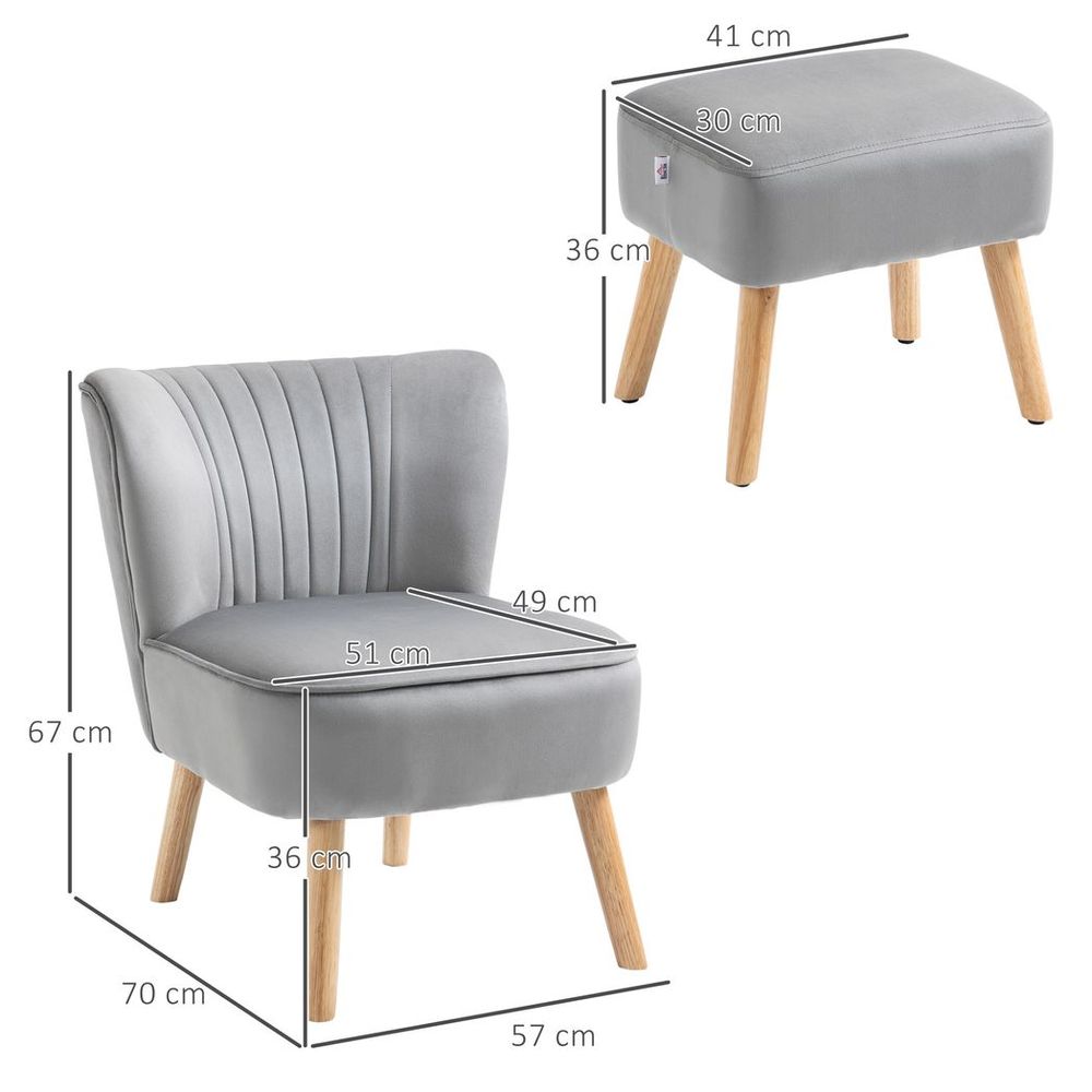 Velvet-Feel Accent Chair with foot stool - Grey