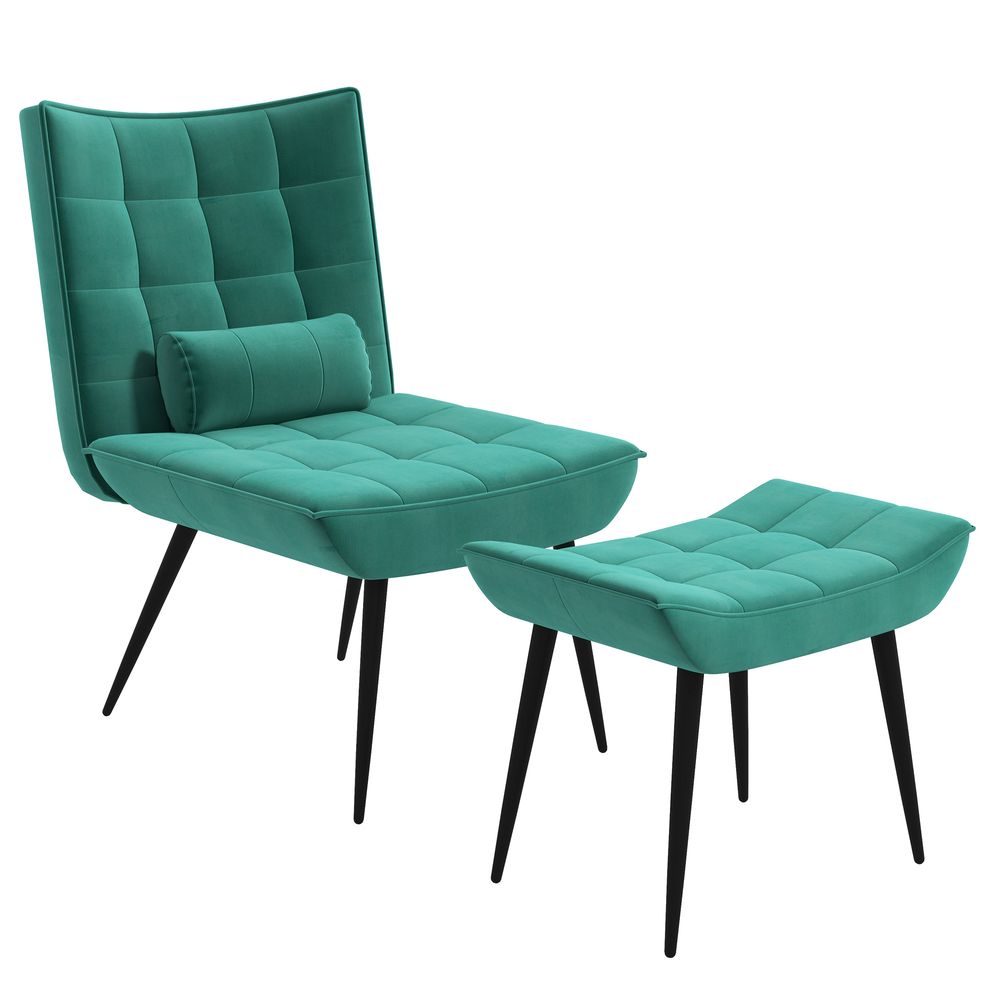 Velvet-feel Accent Chair with Footstool - Green