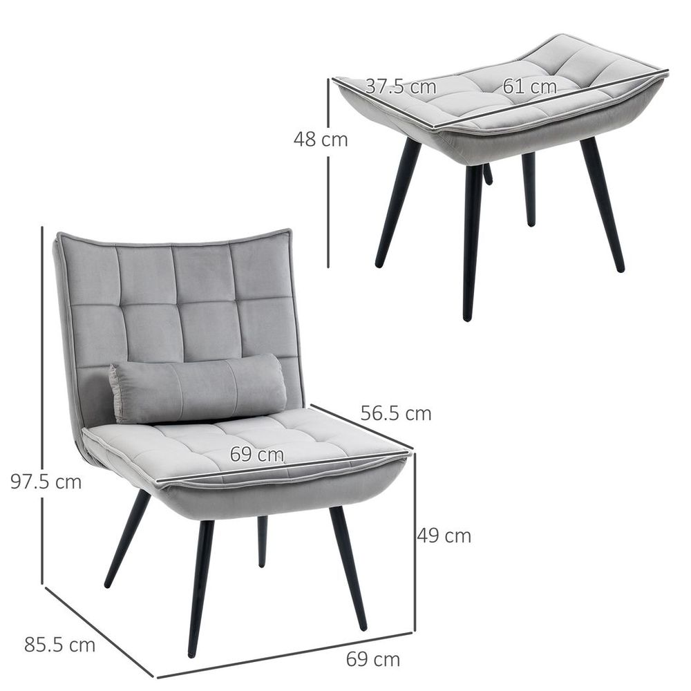 Velvet-feel Accent Chair with Footstool Set - Grey