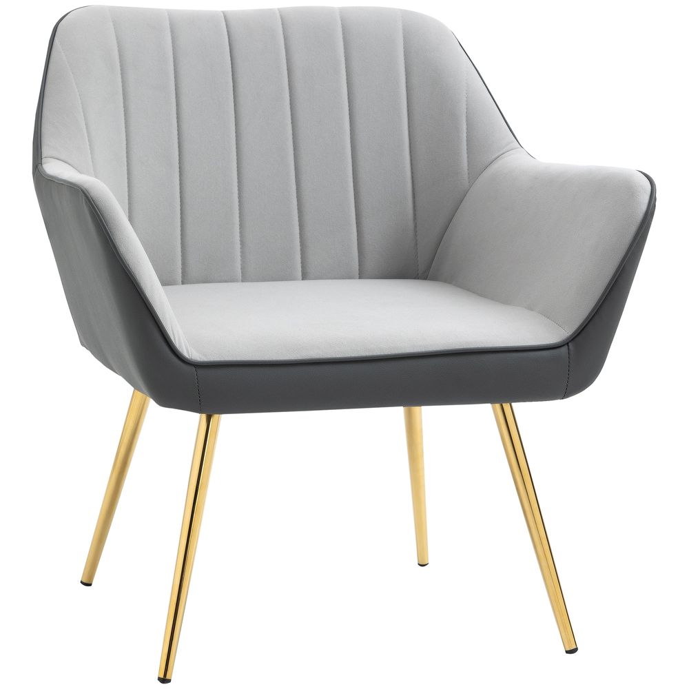 Velvet and Faux Leather Armchair - Light Grey