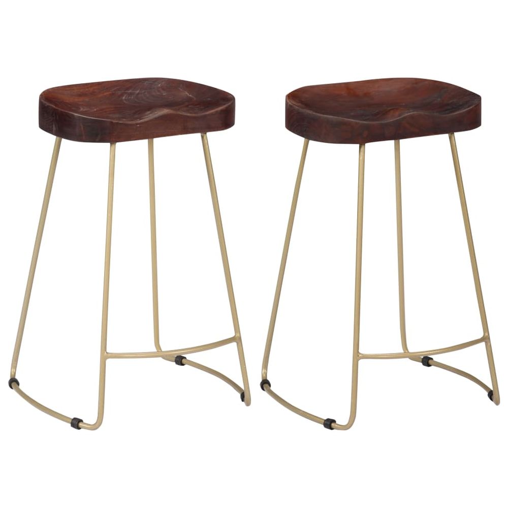 Set of 2 mango wood bar stools - brown/brass