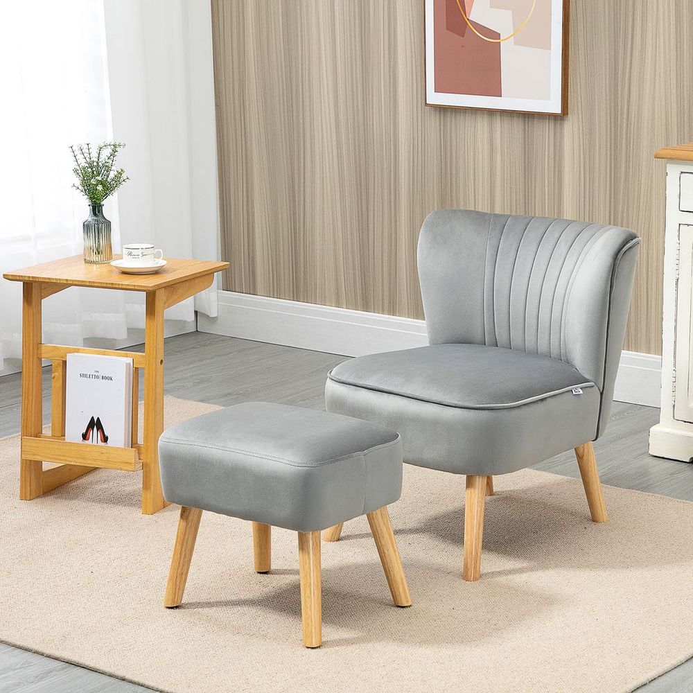 Velvet-Feel Accent Chair with foot stool - Grey