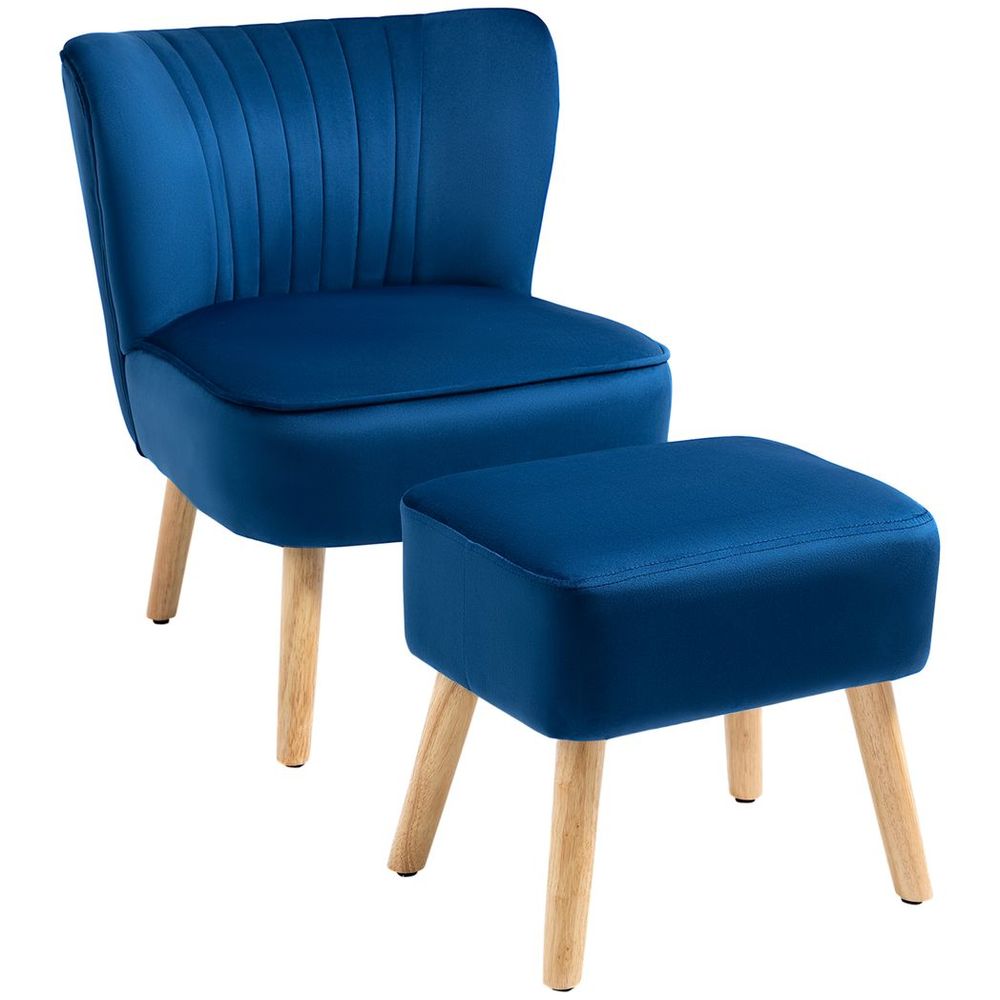 Velvet-Feel Accent Chair with foot stool - Blue